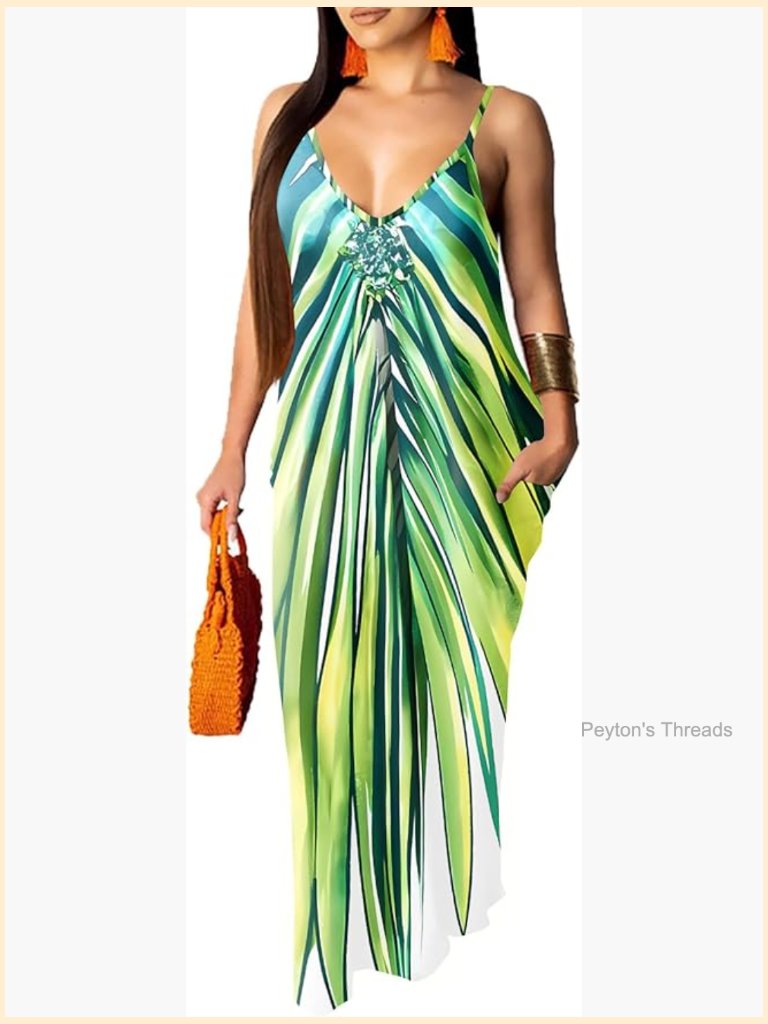 Women's Long Maxi Dress V-Neck Spaghetti Strap Sleeveless Swing Dress